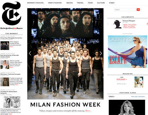 NYTimes Style magazine home page with bloomingdales advert
