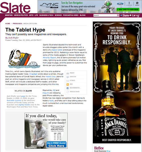 Slate magazine with Jack Daniel's advert
