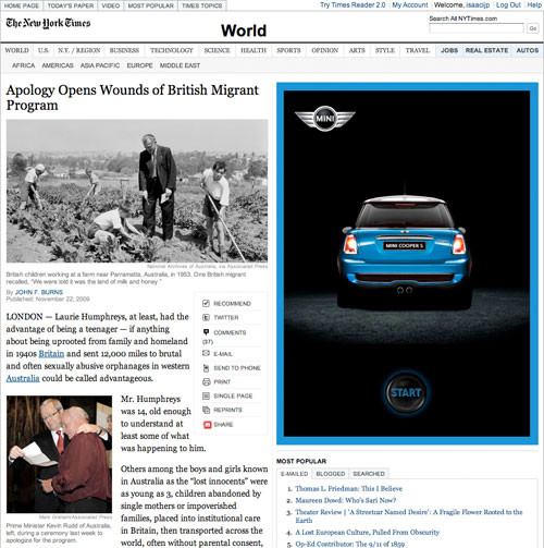 New York Times page with Mini advert