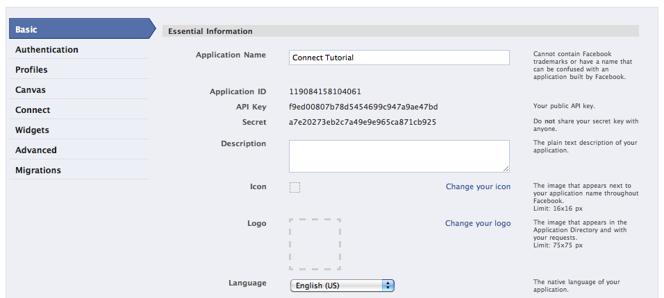 Facebook Connect setup screen